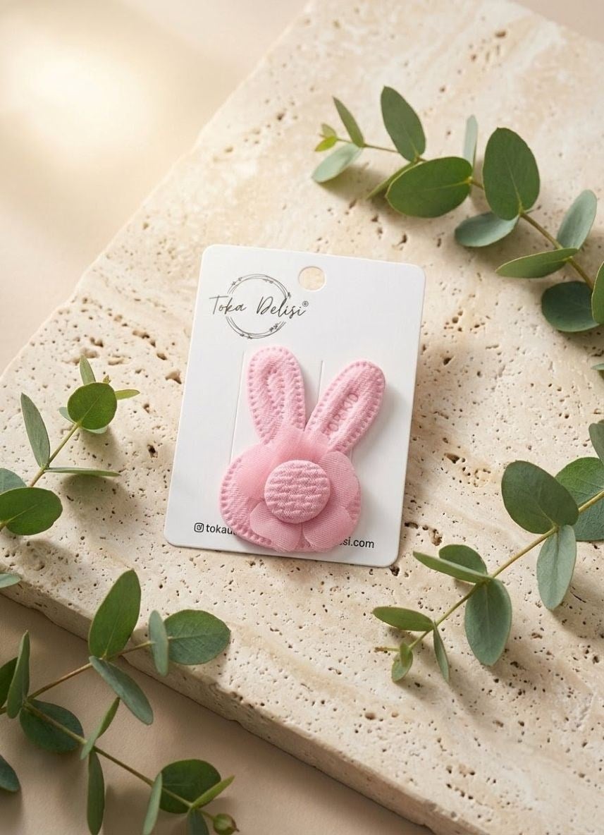 Bebekler İçin Pembe Tavşan Figürlü Saçsız Bebek Tokası