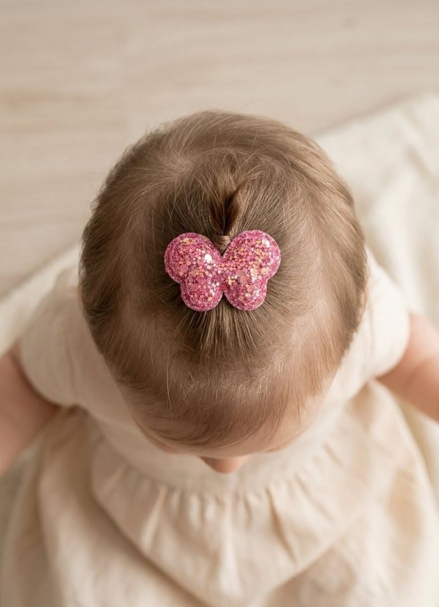Bebekler İçin Koyu Pembe Glitter Işıltılı Kelebek Figürlü  Saçsız Bebek Tokası