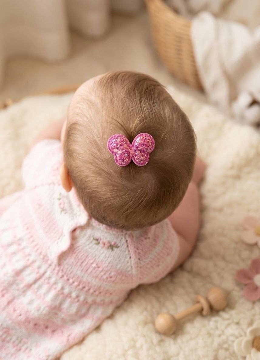 Bebekler İçin Koyu Pembe Glitter Işıltılı Kelebek Figürlü  Saçsız Bebek Tokası