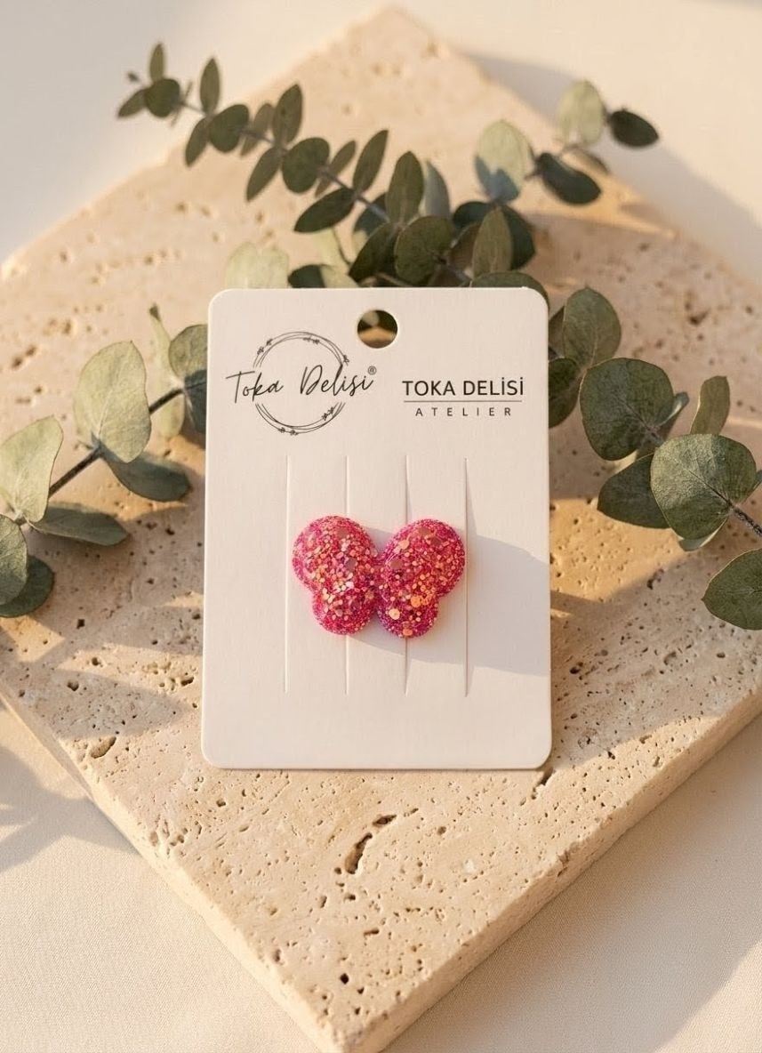 Bebekler İçin Koyu Pembe Glitter Işıltılı Kelebek Figürlü  Saçsız Bebek Tokası