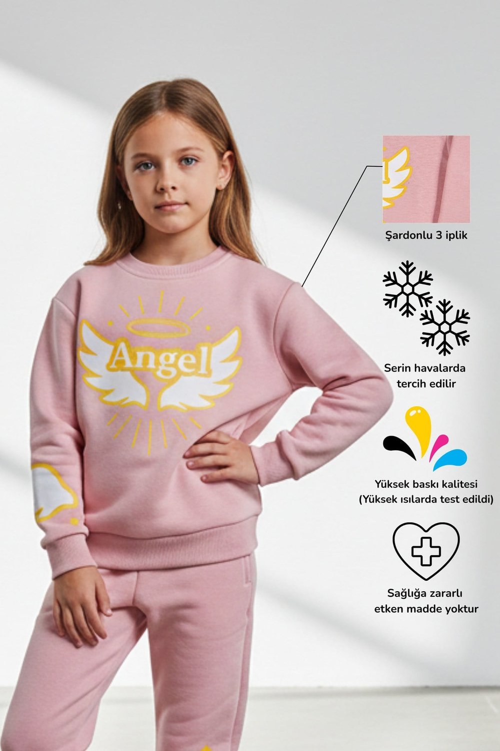 Angel Kanat & Hale Baskılı Işık Dolu Kız Çocuk Sweatshirt Eşofman Üstü | 4-9 Yaş