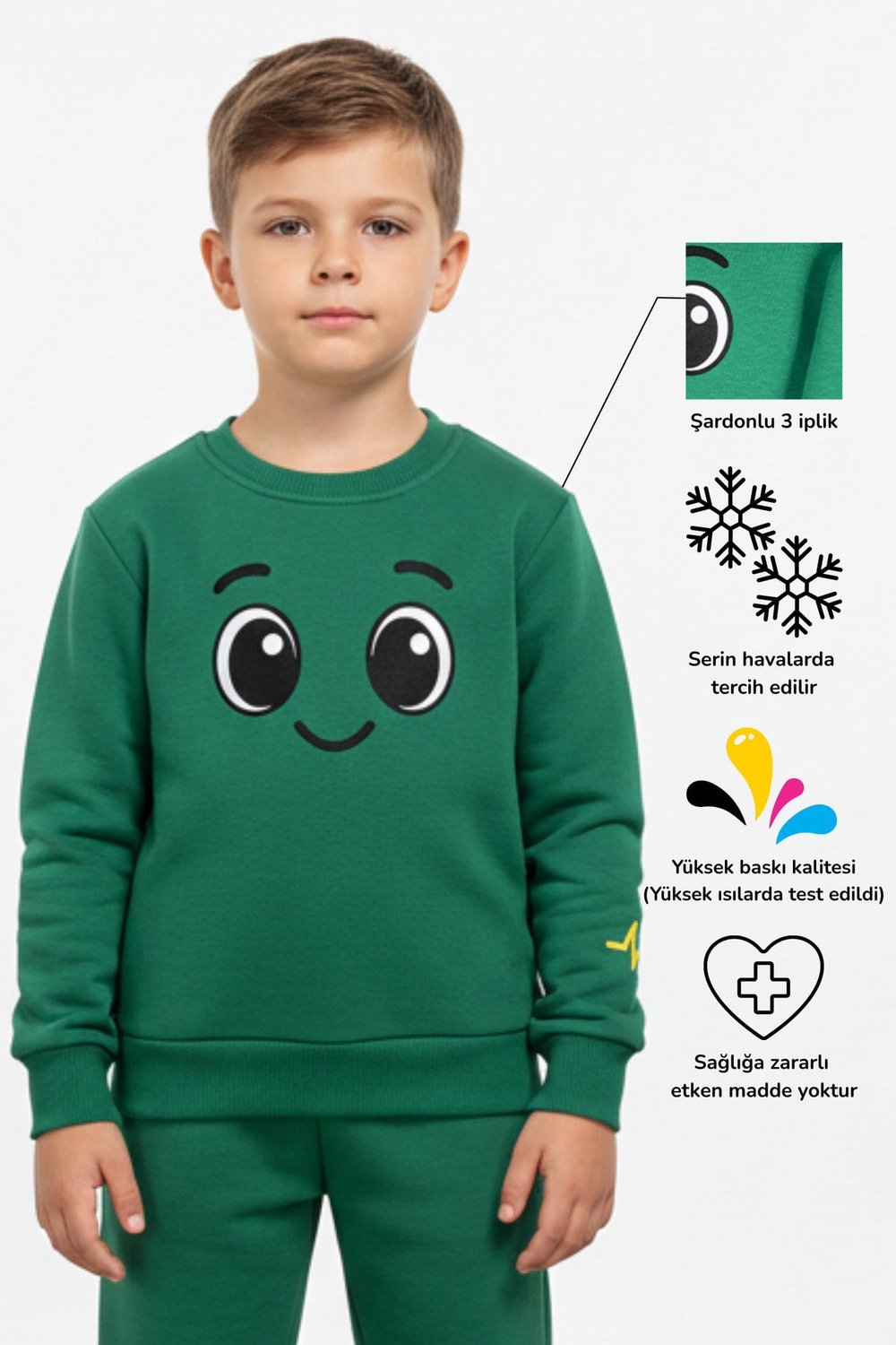 Buddy Gülen Yüz Baskılı Sıcak Unisex Çocuk Sweatshirt Eşofman Üstü | 4-9 Yaş