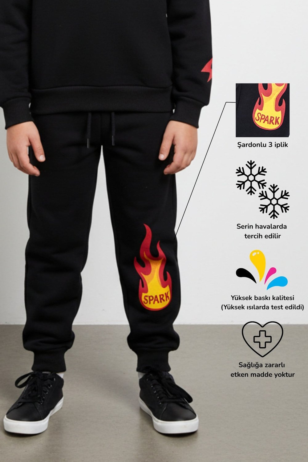 Spark Alev Baskılı Enerjik Unisex Çocuk Eşofman Altı Jogger Pantolon | 4-9 Yaş