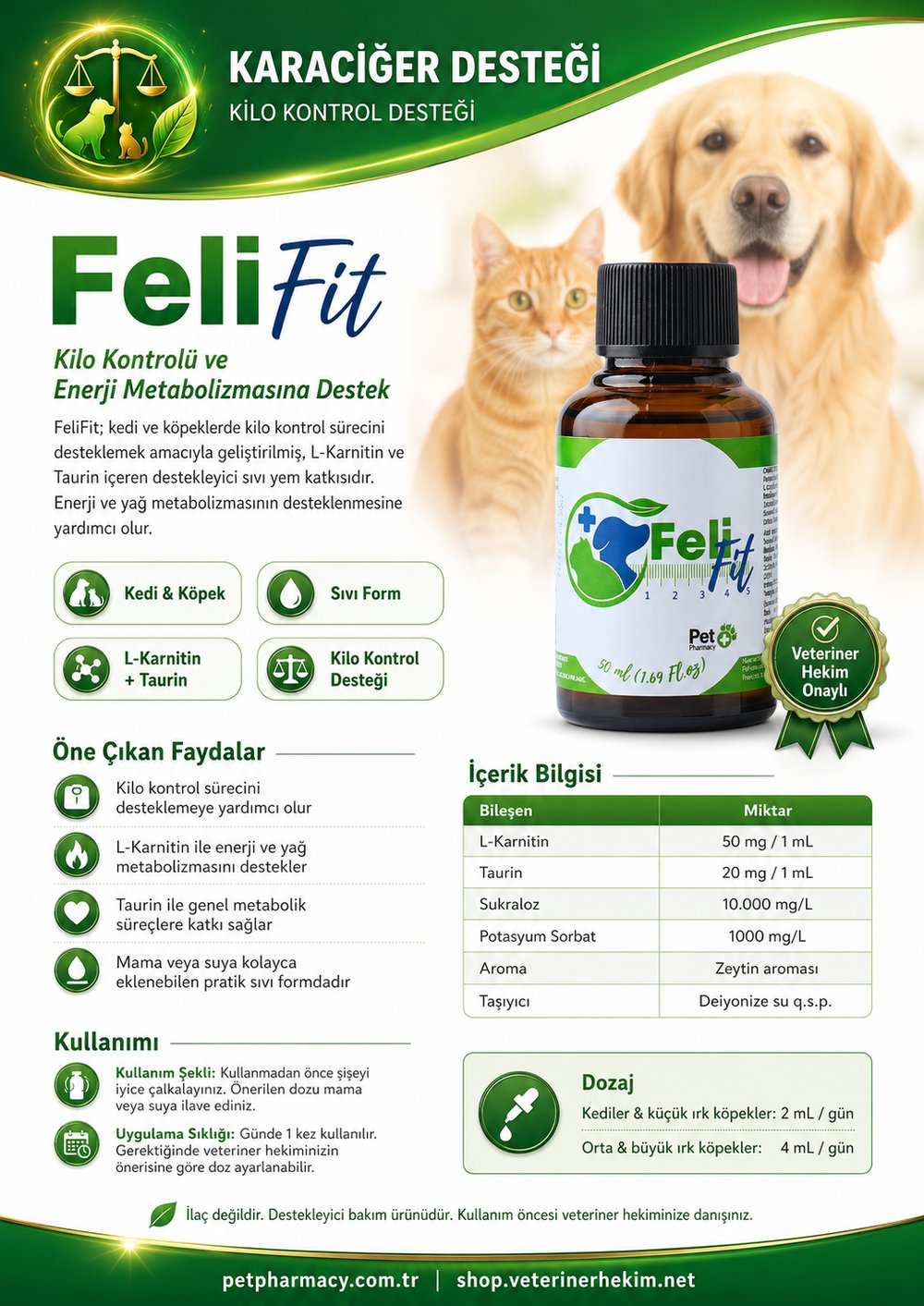 FeliFit – Kedi ve Köpekler İçin L‑Karnitin ve Taurin İçeren Kilo Kontrol Takviyesi