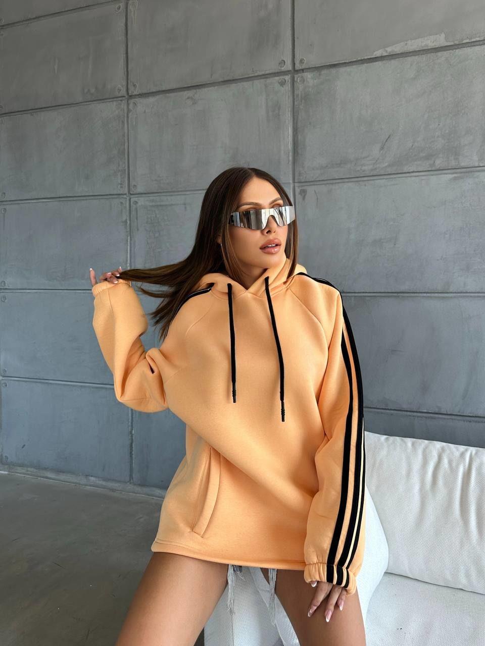 Kapüşonlu Şeritli Oversize Salaş Uzun Sweatshirt