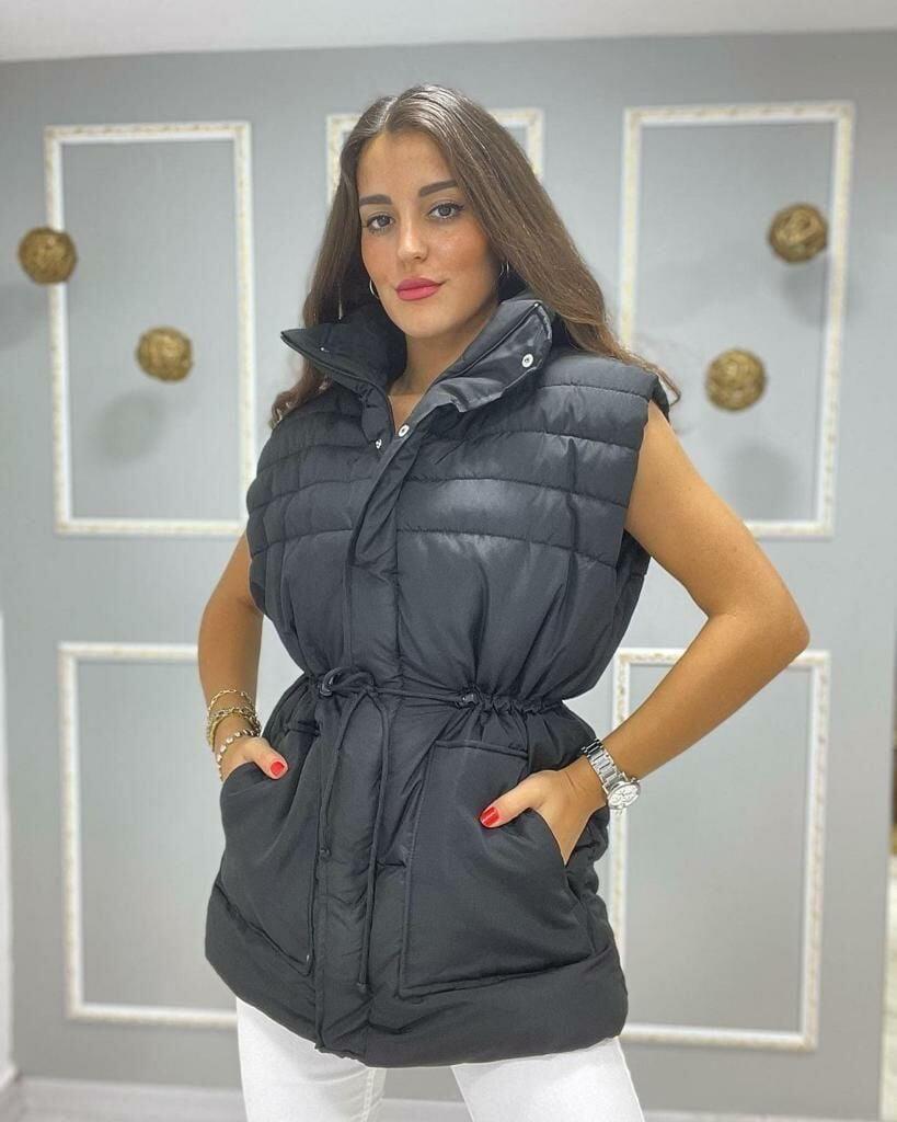 Önden Cepli Belden Büzgülü İpli Kalın Oversize Şişme Yelek