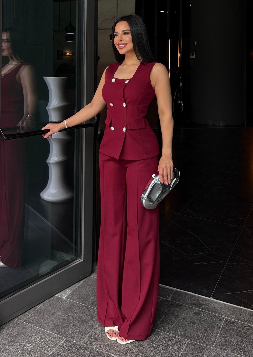 Elanor Yeleklı Taşlı Takım Bordo