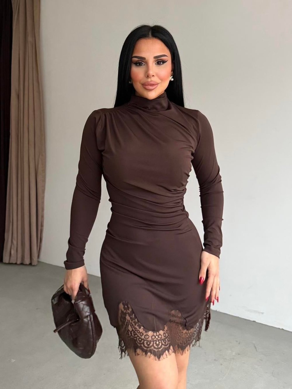 Elena Dantel Detaylı Elbise Kahve
