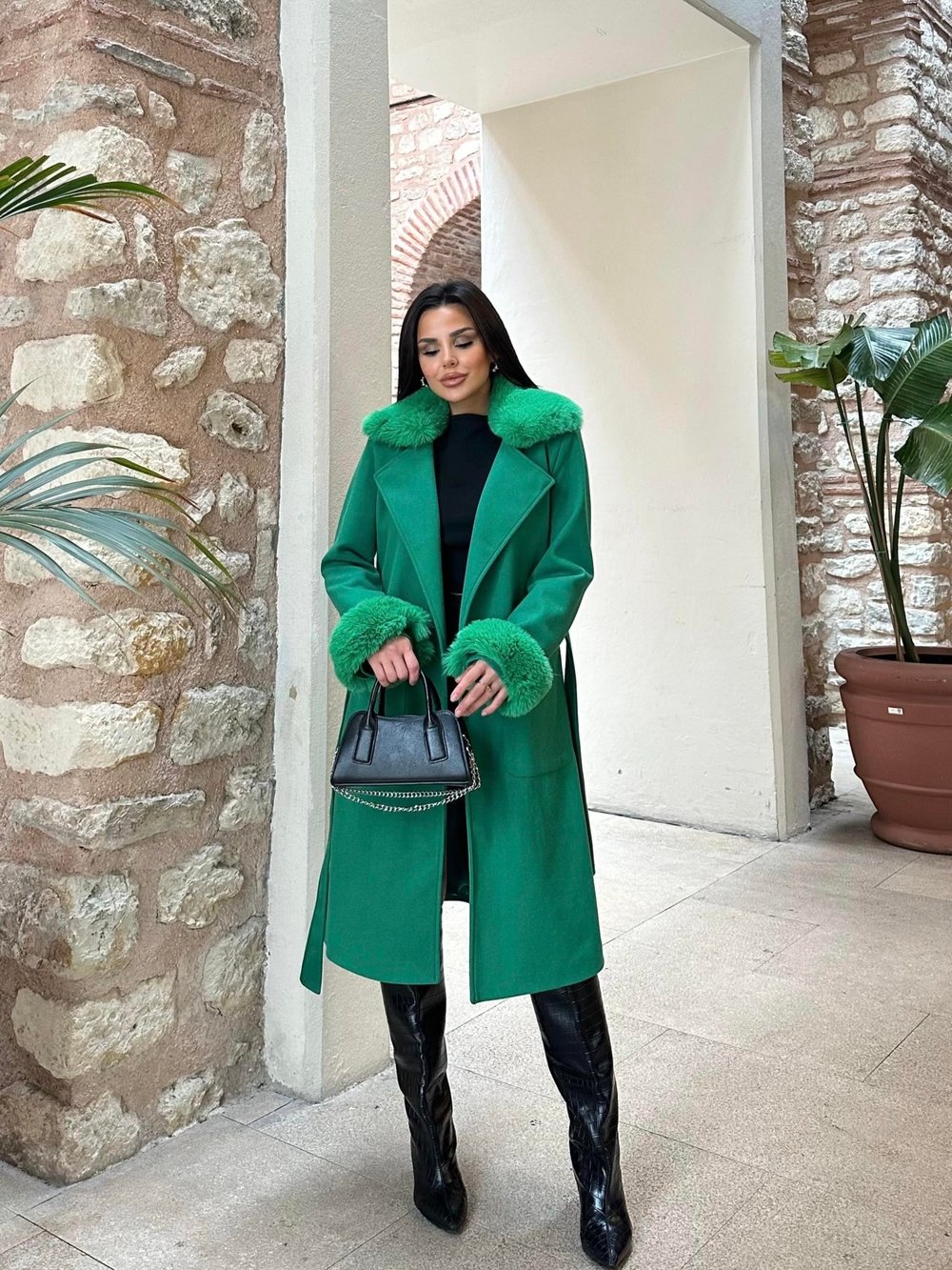 Grace Kürk Detaylı Kaşe Kaban Yeşil