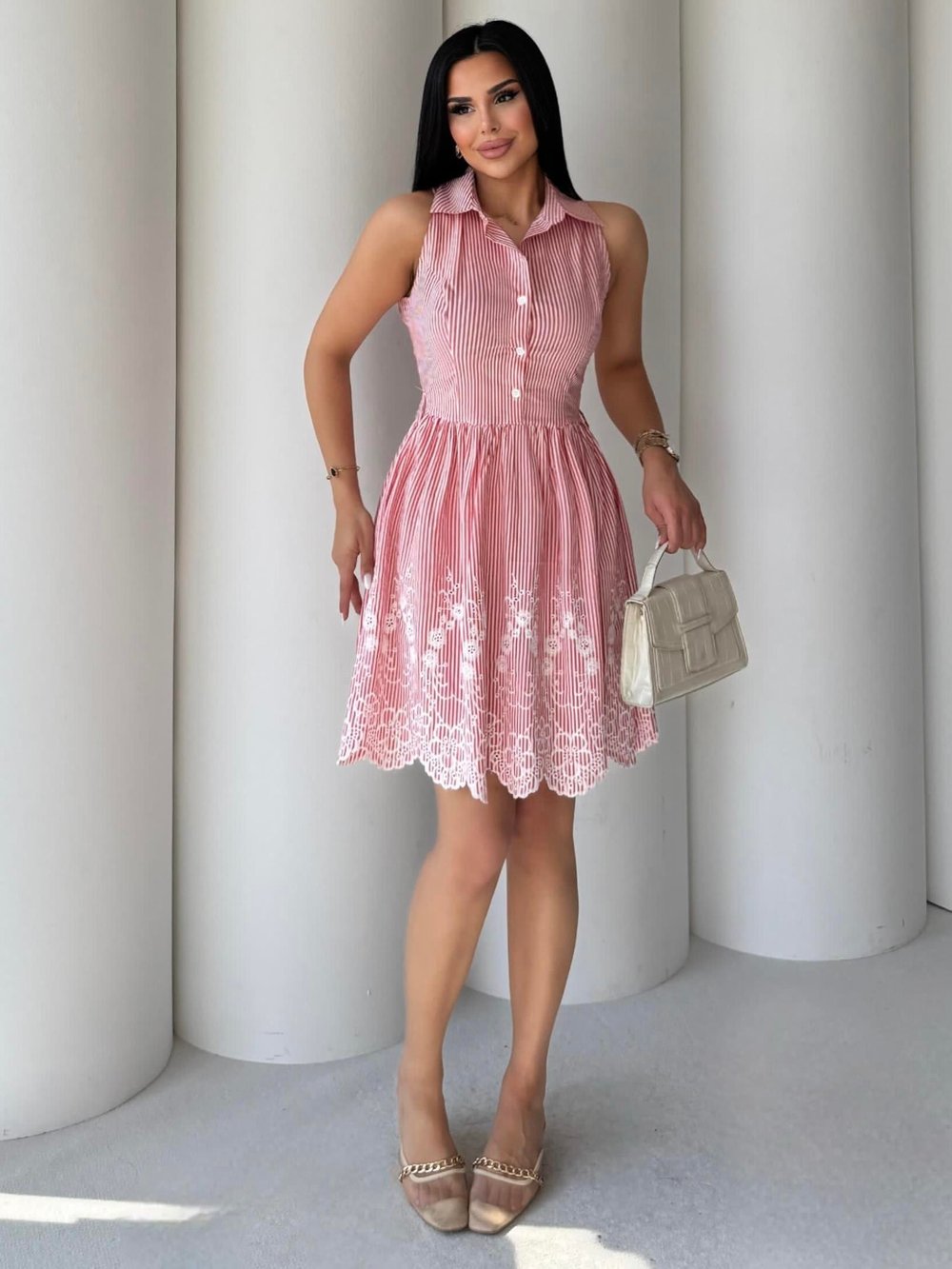 Konas İşleme Detaylı Elbise Pembe