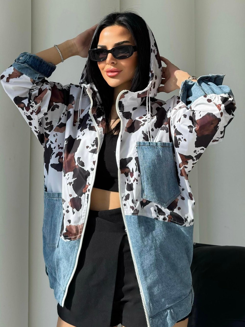 Lone Denim Detaylı Paraşüt Kapşonlu Ceket Mavi