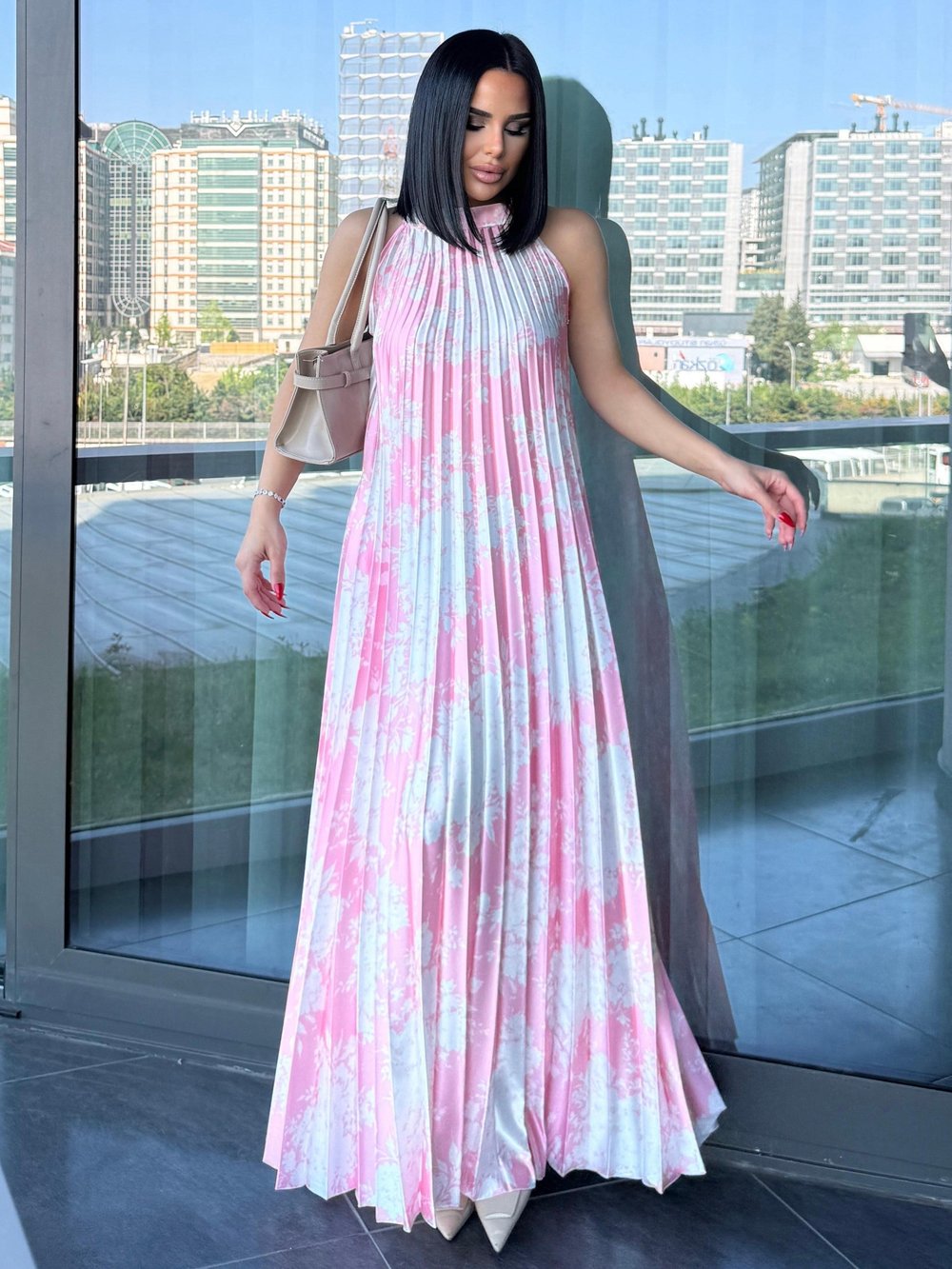 Margarit  Desenli Saten Elbise Pembe