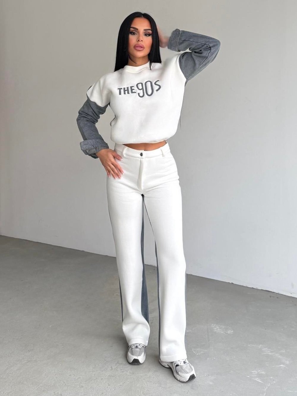 Thesa Denim Detaylı Spor Takım Beyaz