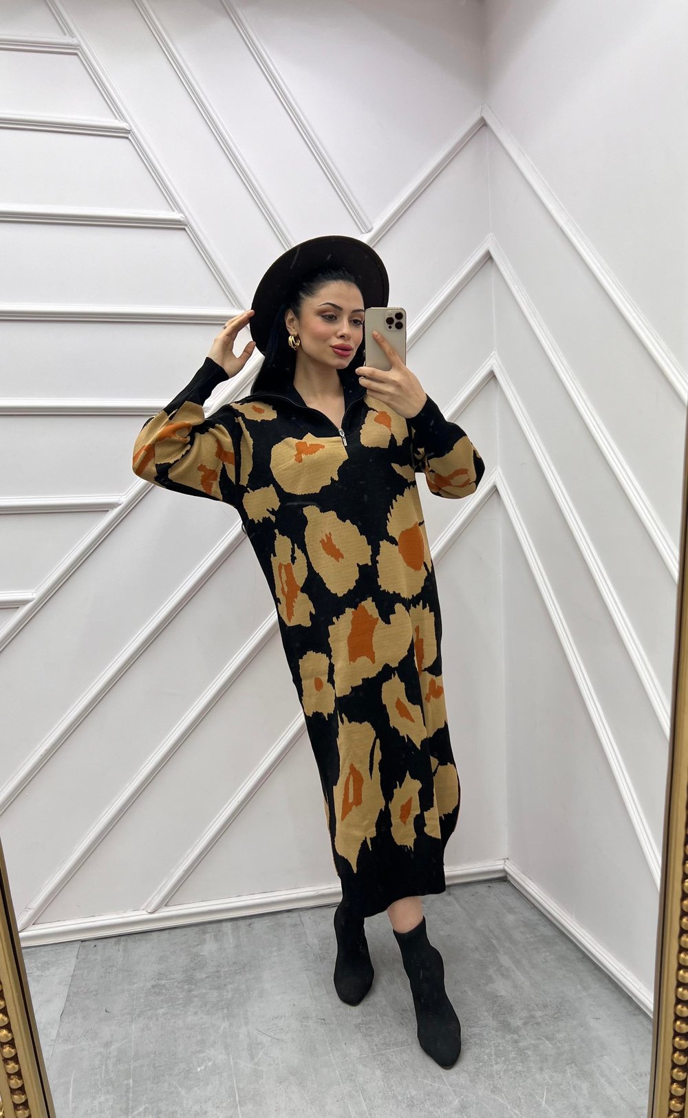 Triko Elbise Leopar Siyah