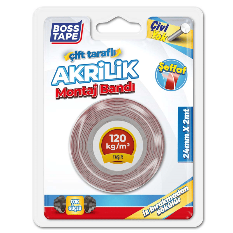 BOSS TAPE MONTAJ BANDI ÇİFT TARAFLI AKRİLİK ŞEFFAF 24 MM x 2M BLS. BT-01003