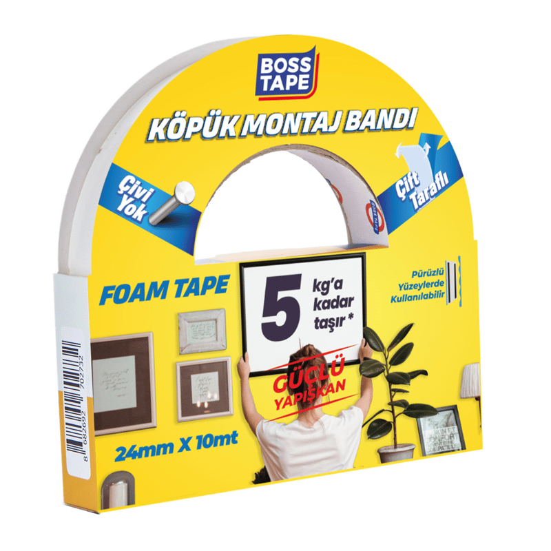 BOSS TAPE MONTAJ BANDI ÇİFT TARAFLI KÖPÜK BEYAZ 5 KG 24 MM x 10M BLS. BT-01013
