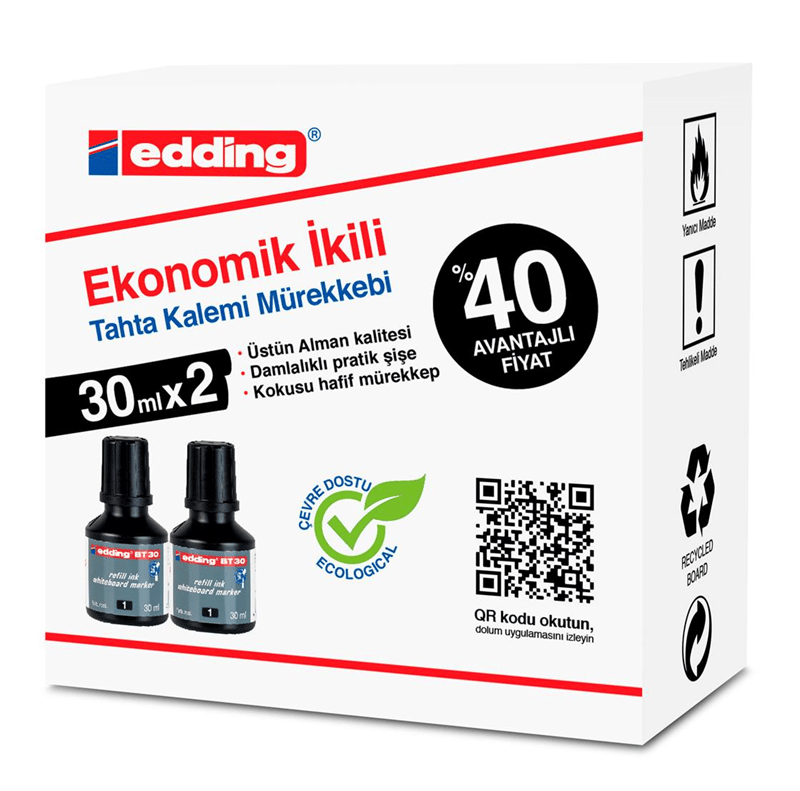 EDDING BEYAZ TAHTA MÜREKKEBİ 30 ML E-BT30 SİYAH 2 Lİ