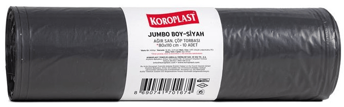 KOROPLAST ÇÖP TORBASI AĞIR SANAYİ JUMBO SİYAH 80x110 800 GR 10 LU 96 MİC. ST01500345