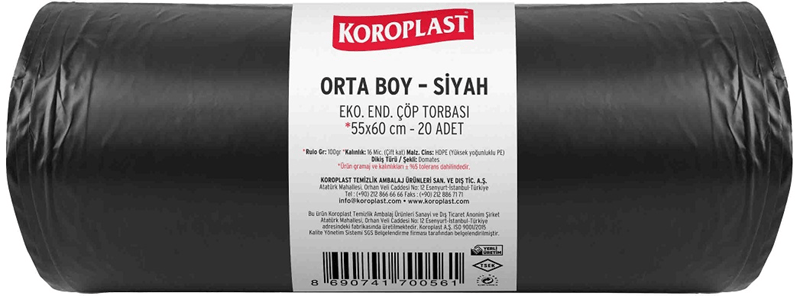 KOROPLAST ÇÖP TORBASI EKO END.SİYAH ORTA 55x60 80 GR 20 Lİ 13 MİC. ST01500328