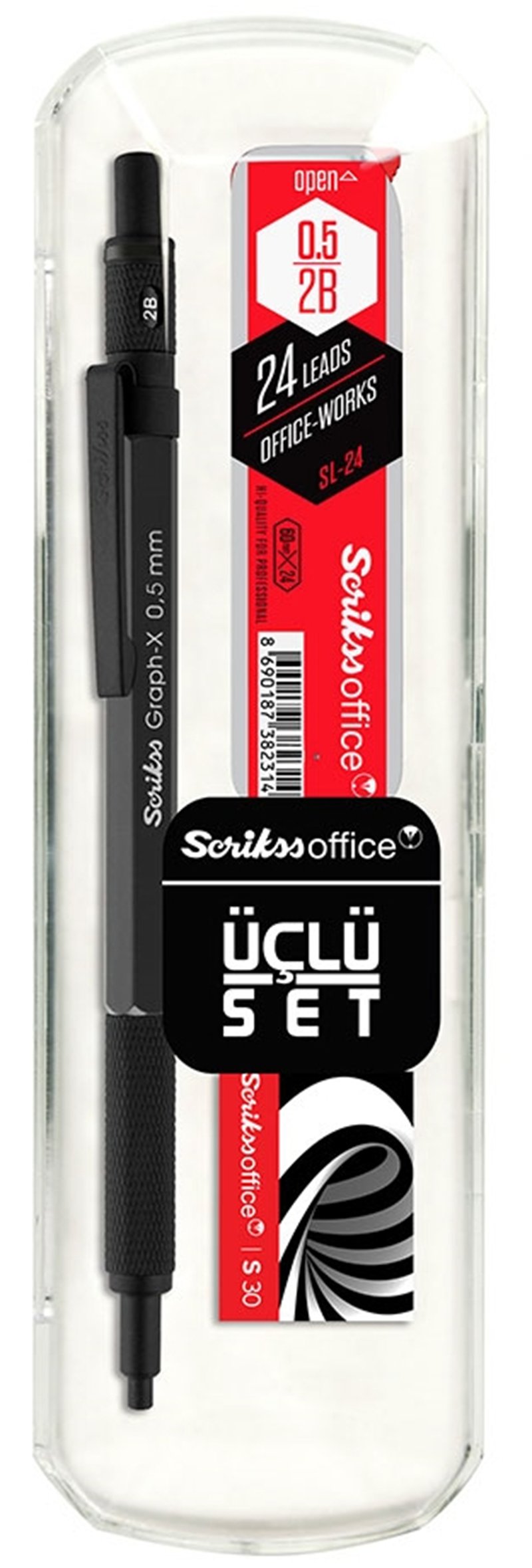 SCRIKSS OFFICE VERSATİL KALEM OKUL SETİ GRAPH-X 0.5 MAT SİYAH + SİLGİ + MİN BLS.