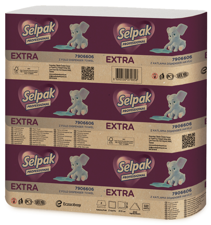 SELPAK Z KATLI EXTRA DİSPENSER HAVLU 21,5x24 Cm. 200 LÜ 4,46 KG (KOLİ=200 LÜ x 12 PK) FSC BELGELİ 7906606