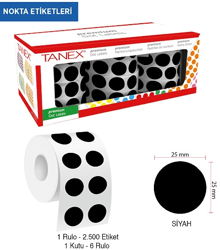 TANEX NOKTA ETİKETİ 25 MM 2500 LÜ SİYAH TEKLİ KUTU