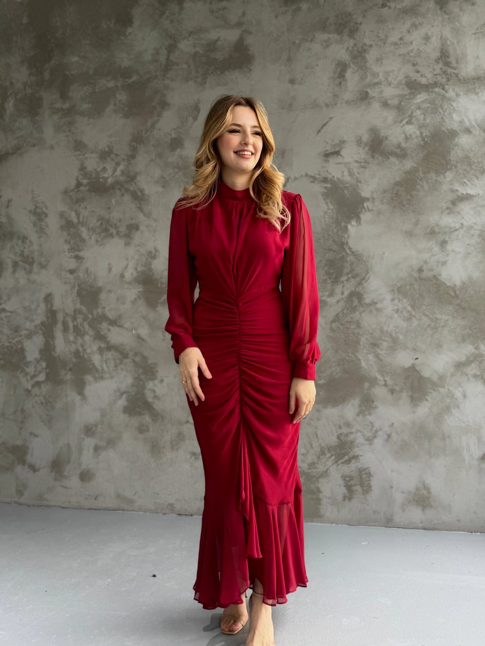 Alina Bordo Rengi Şifon Elbise