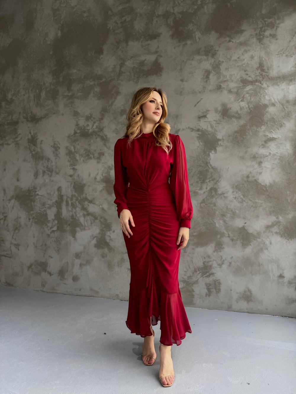 Alina Bordo Rengi Şifon Elbise