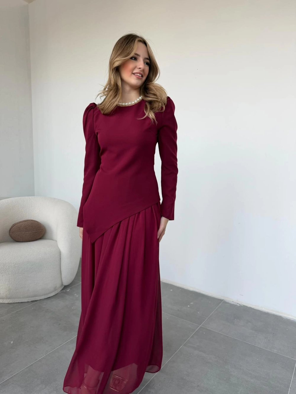 Asimetrik Bluz ve Şifon Etek Bordo Takım