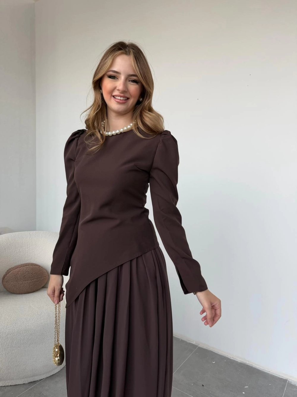 Asimetrik Bluz ve Şifon Etek Kahve Takım