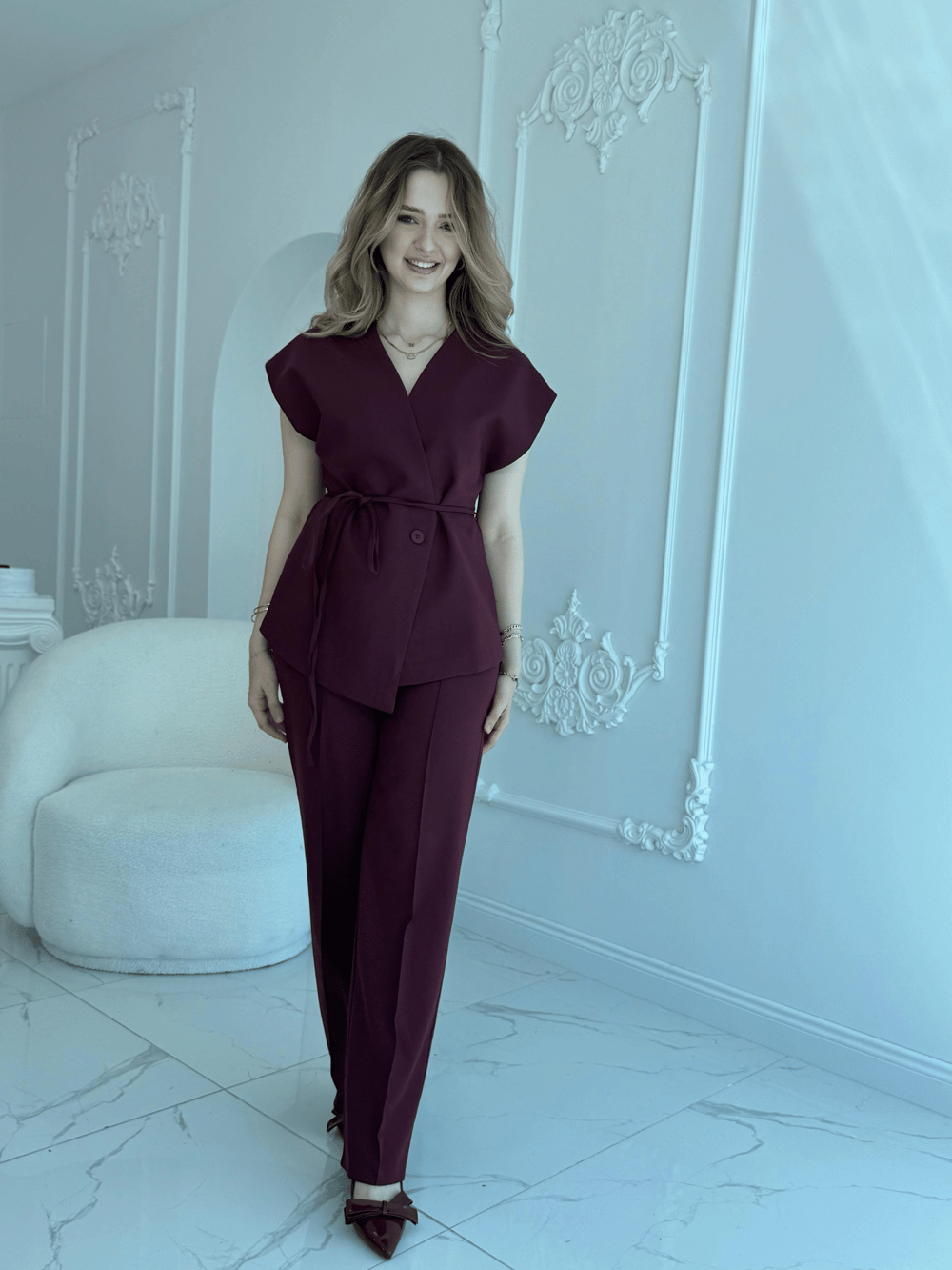 Bağlama Detaylı Bordo Yelek Pantolon Takım