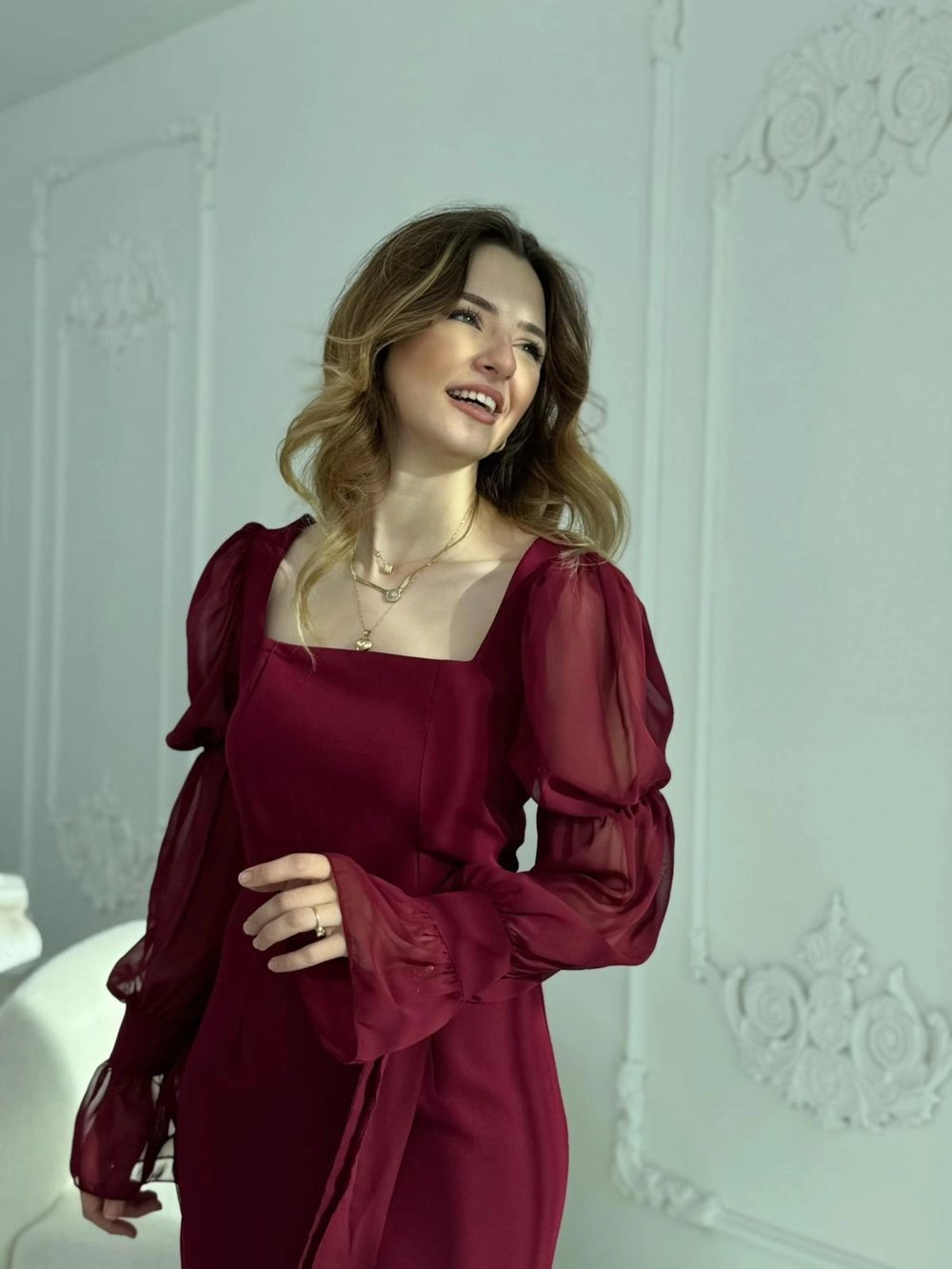 Bağlamalı Kol Tasarımlı Modern Bordo Elbise