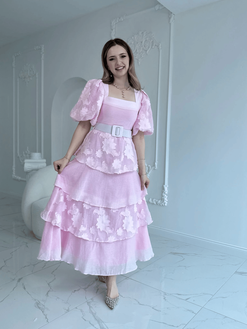 Balon Kol Kat Kat Kare Yaka Prenses Pembe Elbise