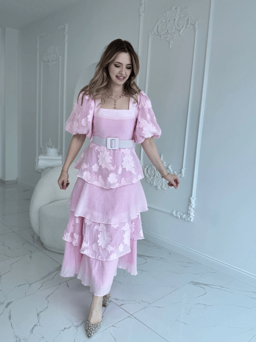 Balon Kol Kat Kat Kare Yaka Prenses Pembe Elbise