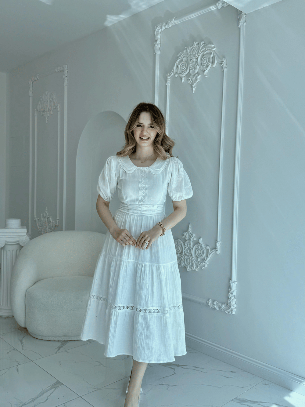 Bebe Yaka Müslin Kumaş Beyaz Elbise