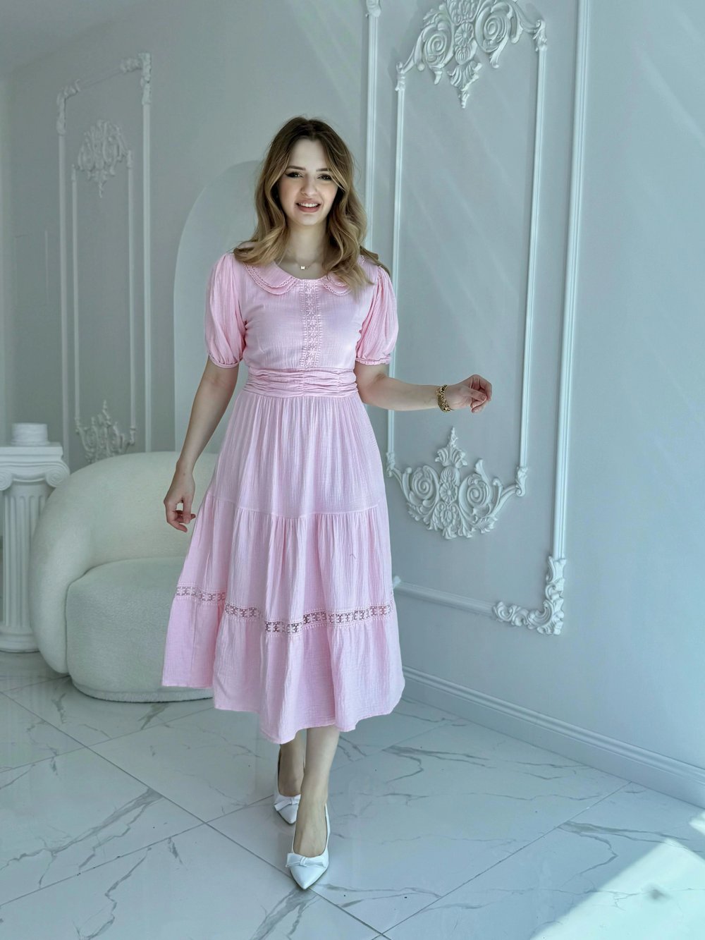 Bebe Yaka Müslin Kumaş Pembe Elbise