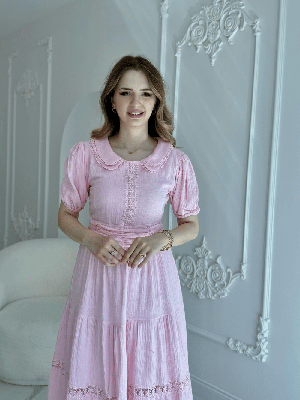 Bebe Yaka Müslin Kumaş Pembe Elbise