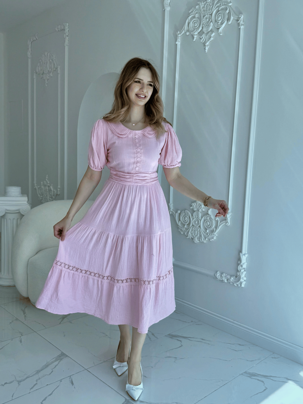Bebe Yaka Müslin Kumaş Pembe Elbise