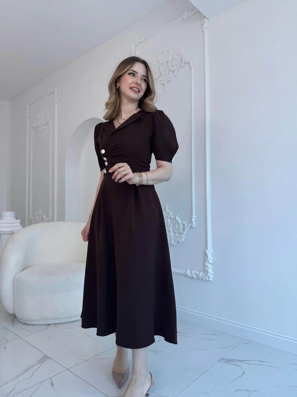 CEKET YAKA BALON KOL DÜĞME DETAY KAHVE ELBİSE