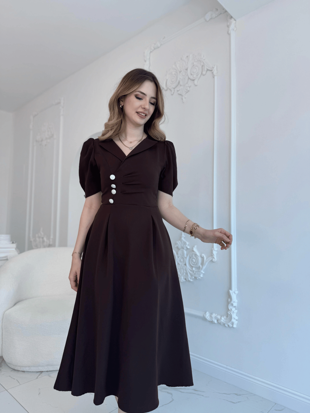 CEKET YAKA BALON KOL DÜĞME DETAY KAHVE ELBİSE