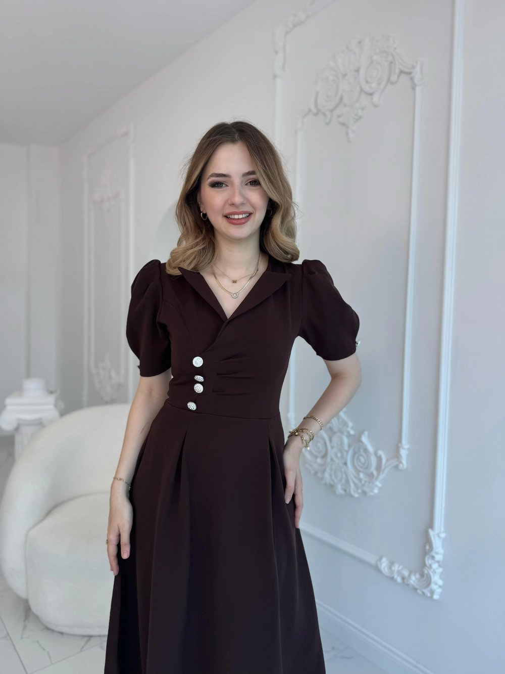 CEKET YAKA BALON KOL DÜĞME DETAY KAHVE ELBİSE