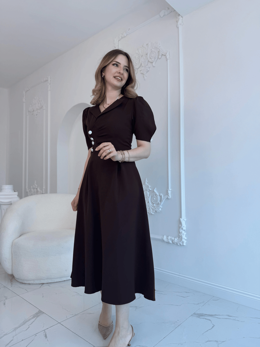 CEKET YAKA BALON KOL DÜĞME DETAY KAHVE ELBİSE