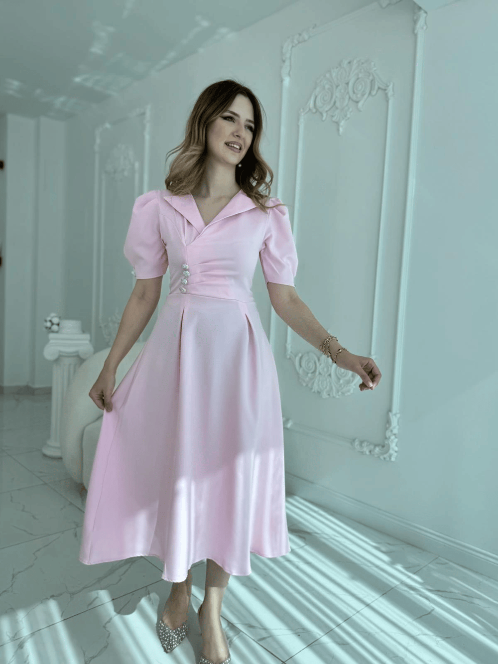 CEKET YAKA BALON KOL DÜĞME DETAY PEMBE ELBİSE