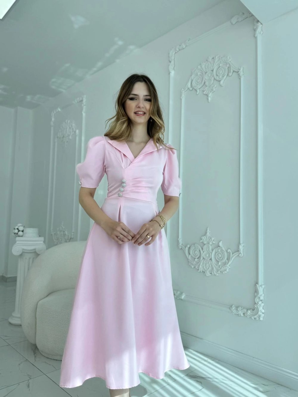CEKET YAKA BALON KOL DÜĞME DETAY PEMBE ELBİSE