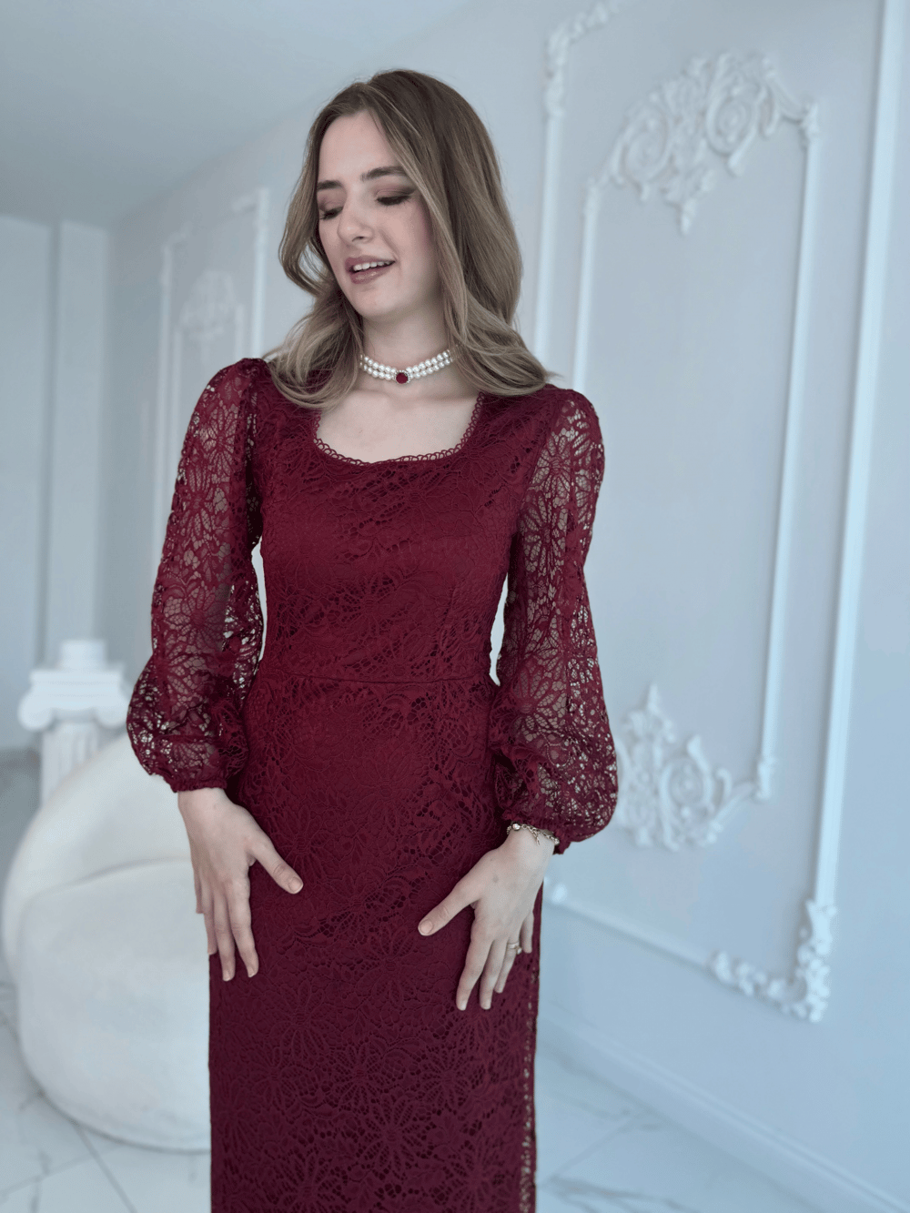 Dantel Maxi Boy Bordo Elbise