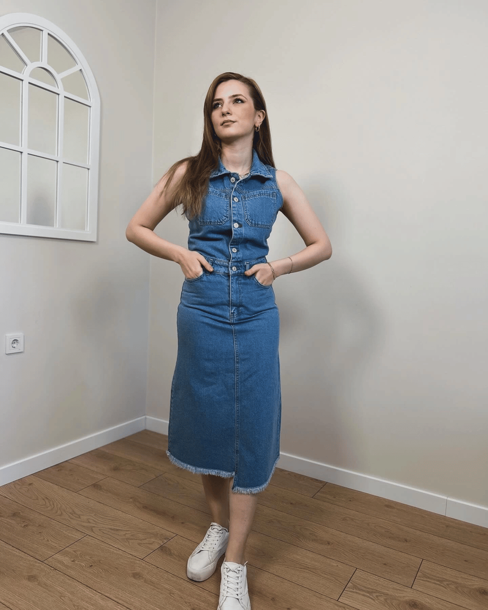 Denim Sıfır Kol Elbise(Açık mavi)