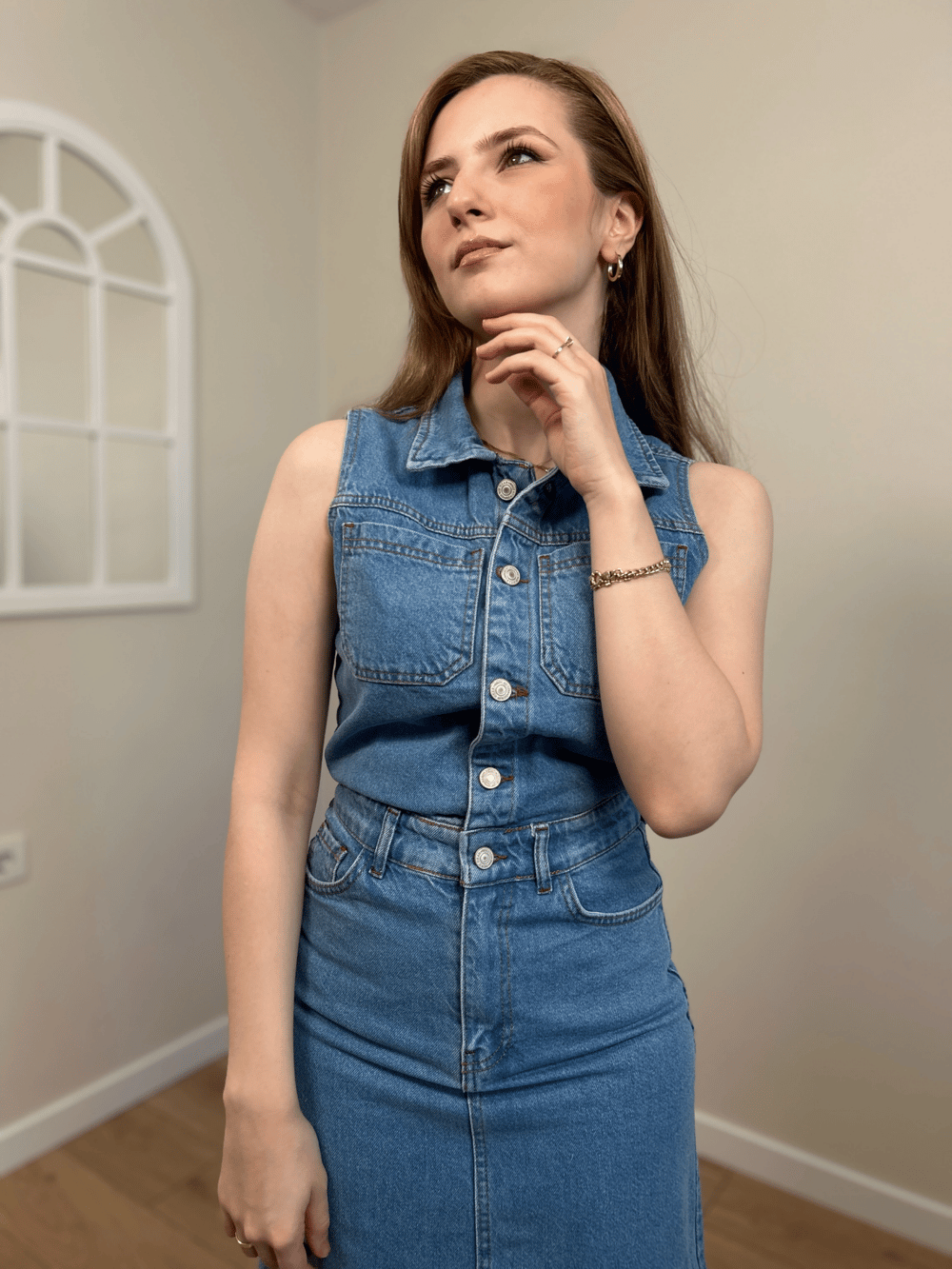 Denim Sıfır Kol Elbise(Açık mavi)