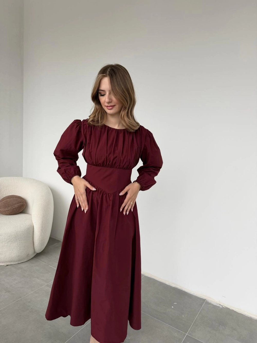 Drapeli Korsaj Detaylı Bordo Elbise