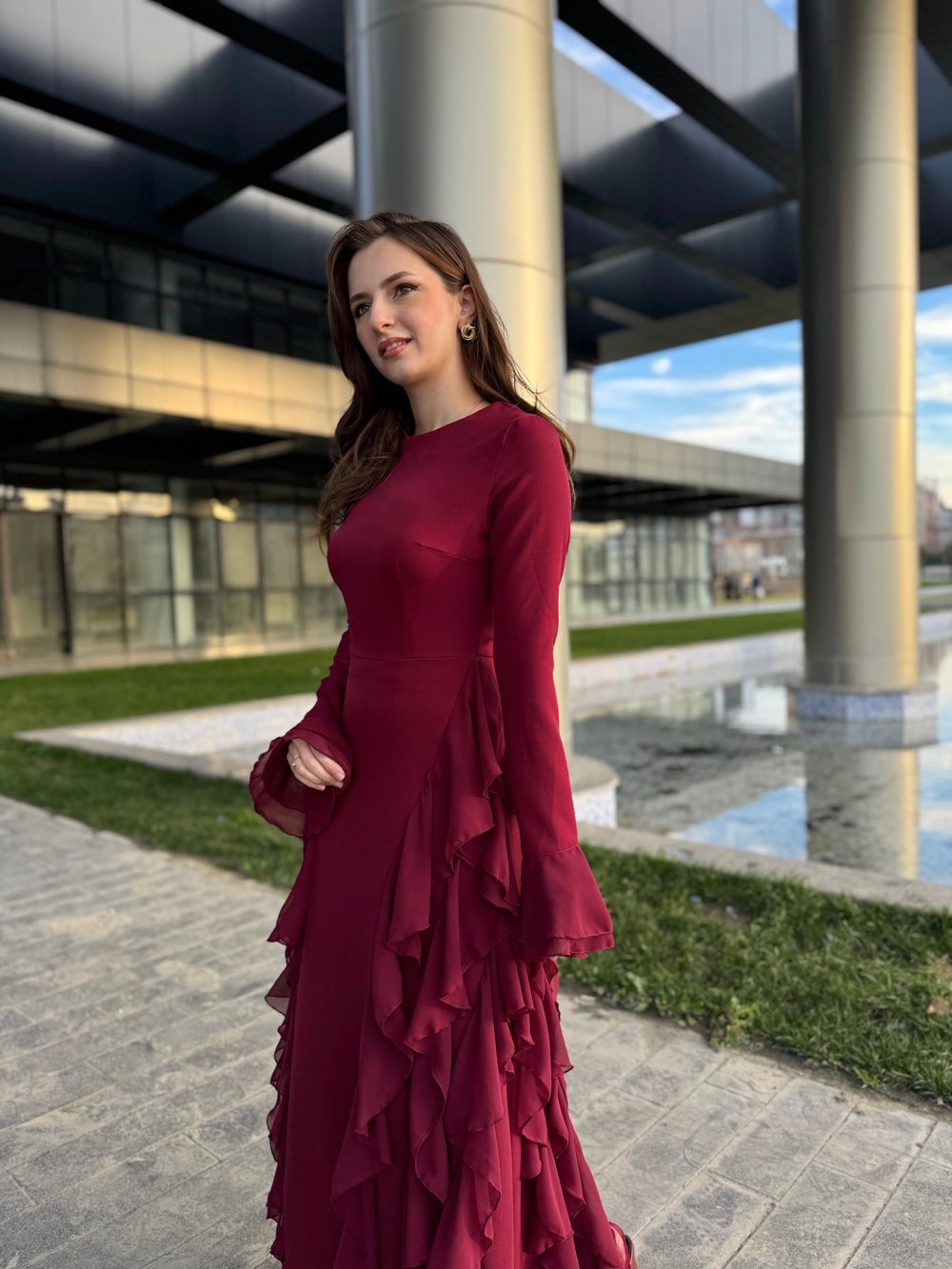 Fırfır Detay Bordo Elbise
