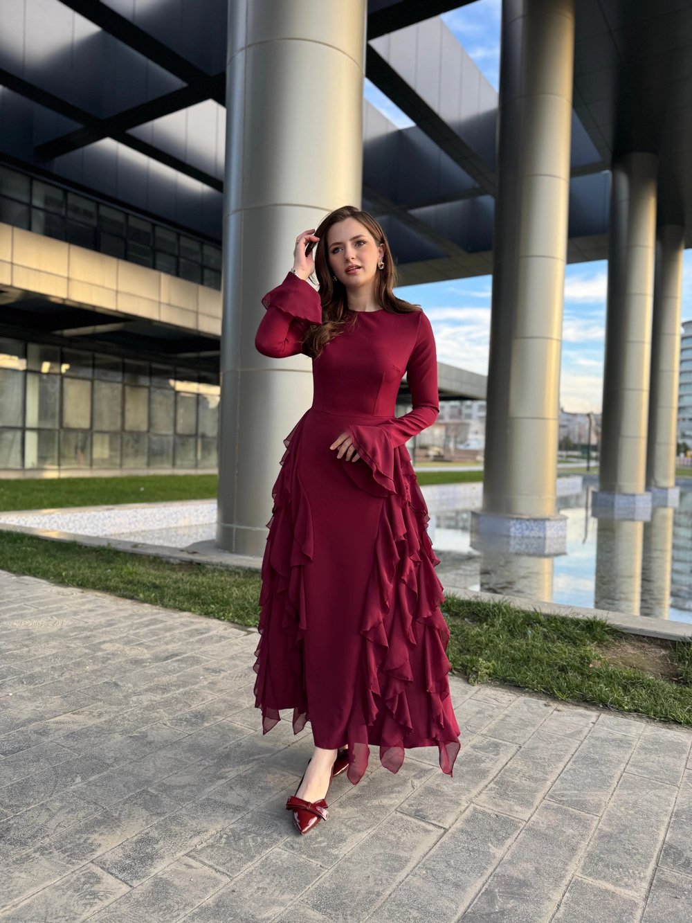 Fırfır Detay Bordo Elbise